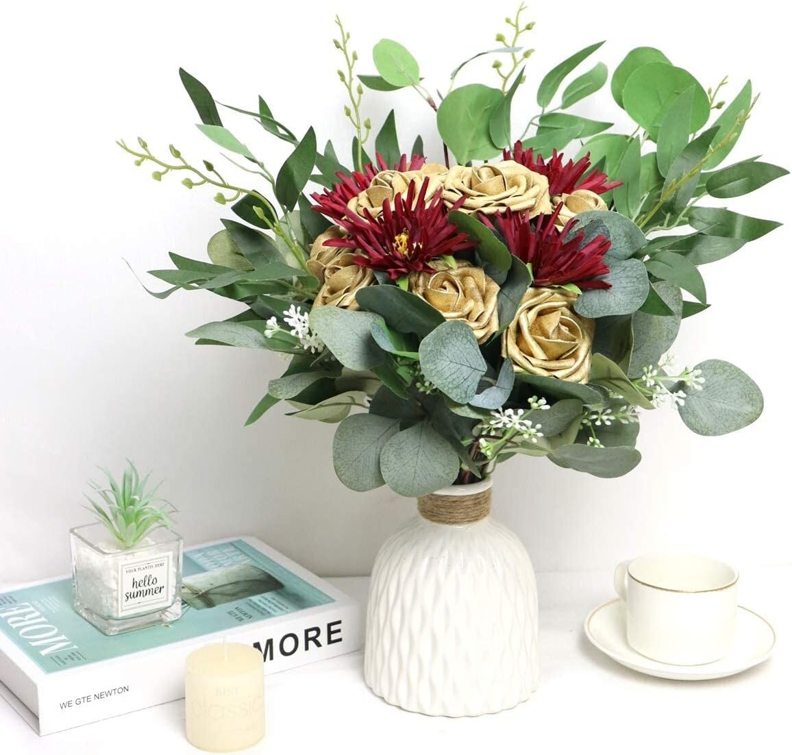 Versatile 50PCS Gold Fake Roses with Silk Leaves for Baby Showers and Home Decor