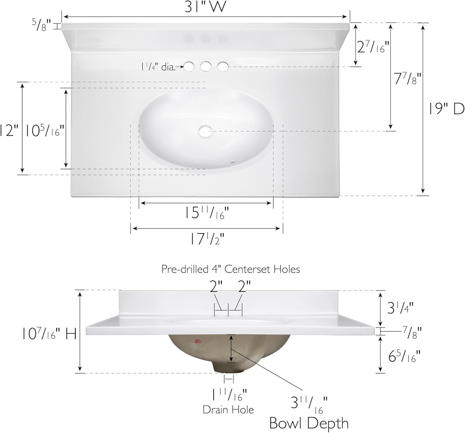 Durable Solid White Cultured Marble Vanity Top 31-Inch with Backsplash