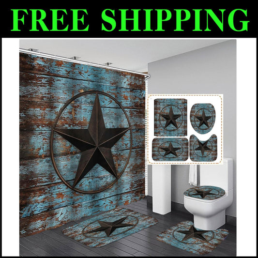 Stylish Texas Star Fabric Shower Curtain with 3 Non-Slip Mats – 4PC Bathroom Set