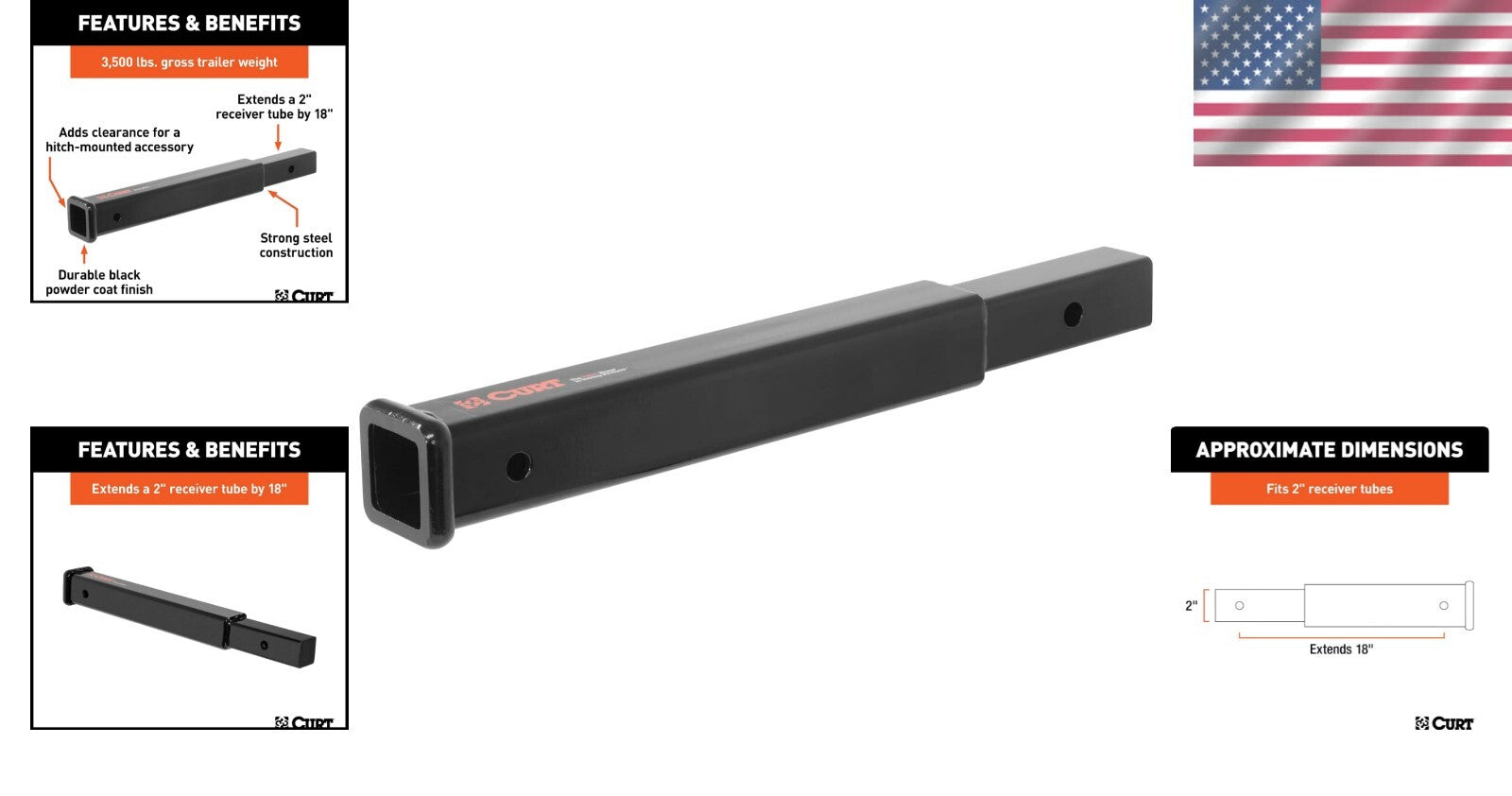 Durable 18-Inch Trailer Hitch Extension, Gloss Black Finish, 3,500 lbs Capacity