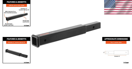 Durable 18-Inch Trailer Hitch Extension, Gloss Black Finish, 3,500 lbs Capacity