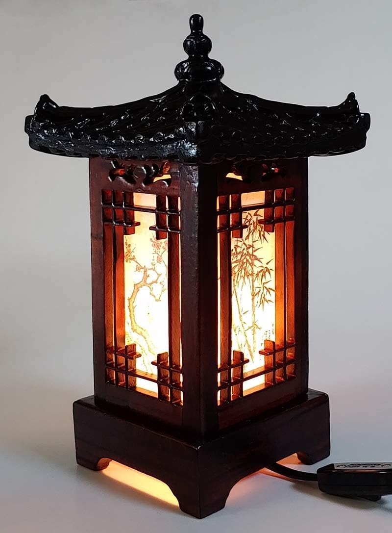 Art Deco Table Lamp with E12 Bulb - Korean Carved Wood Accent for Elegant Rooms