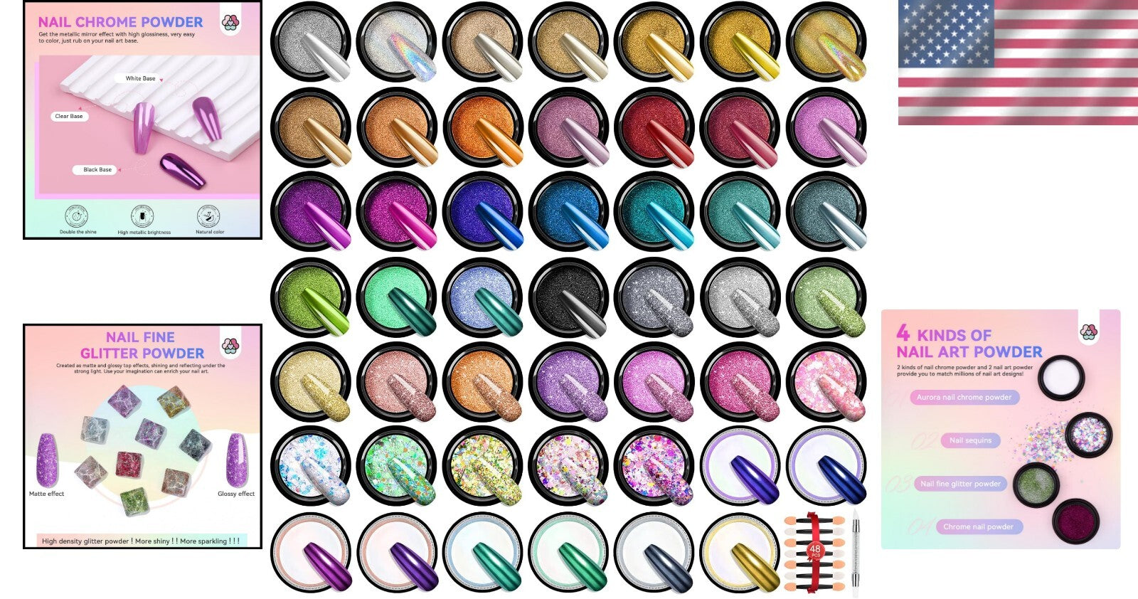Versatile Chrome Powder Nail Art Kit: 48 Colors & Sponge Applicators Included