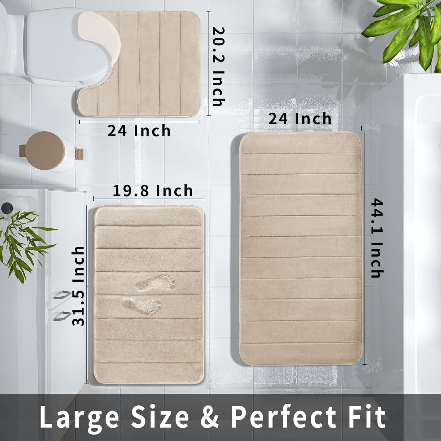 3-Piece Beige Memory Foam Bath Rug Set - Ultra-Soft, Water Absorbent & Non-Slip