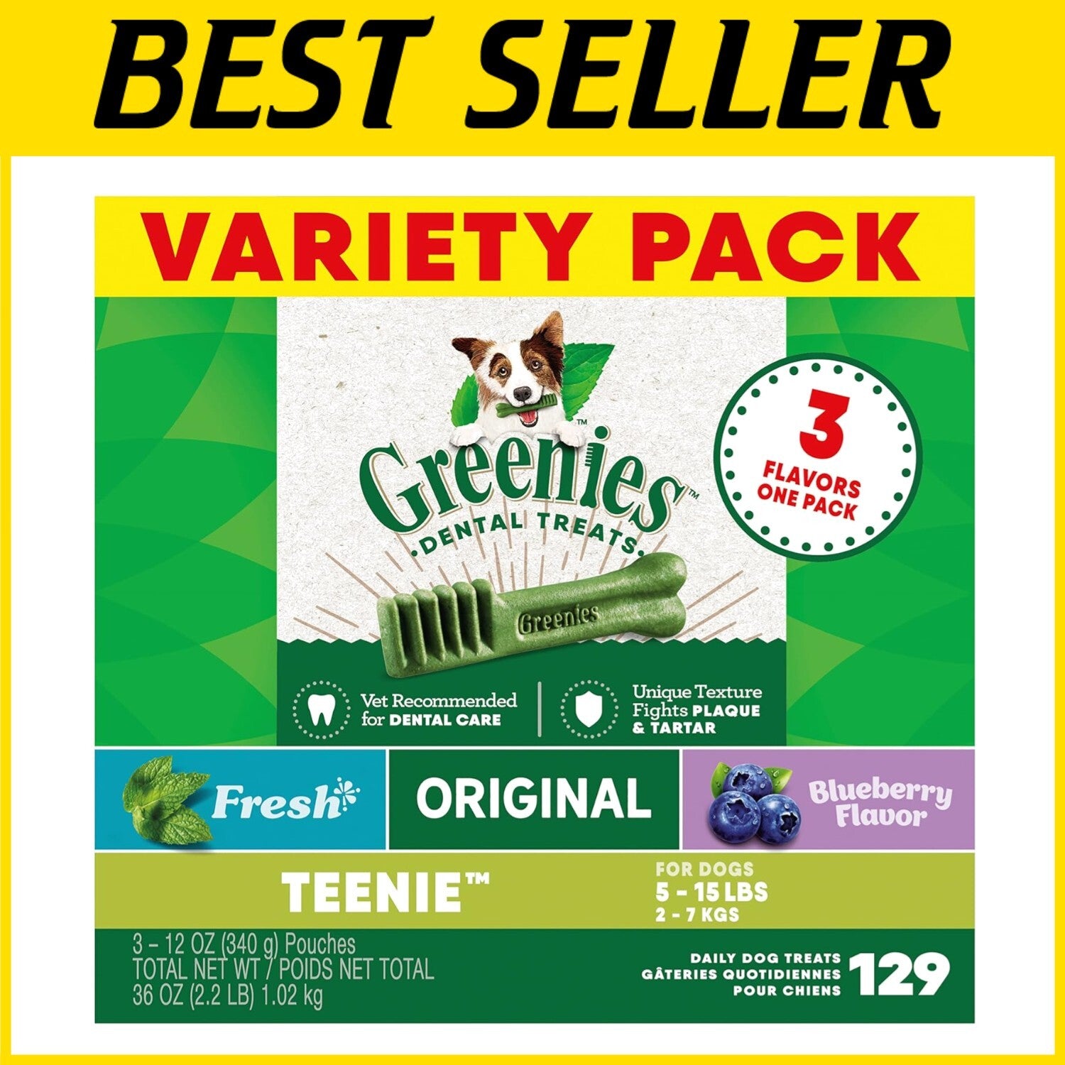 Daily Dental Care Treats for Small Dogs - 129 Pack, Original, Blueberry, Mint