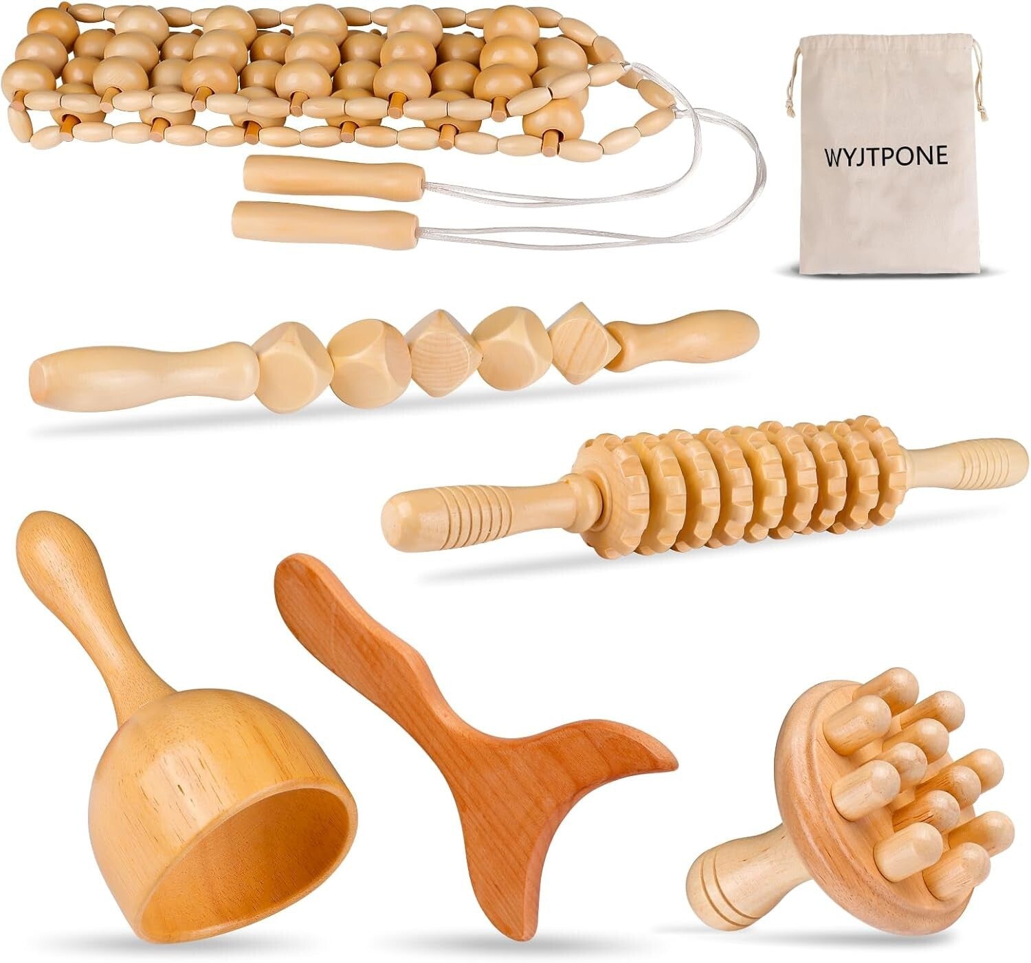 6-in-1 Wooden Massager Kit for Body Sculpting and Lymphatic Drainage Therapy