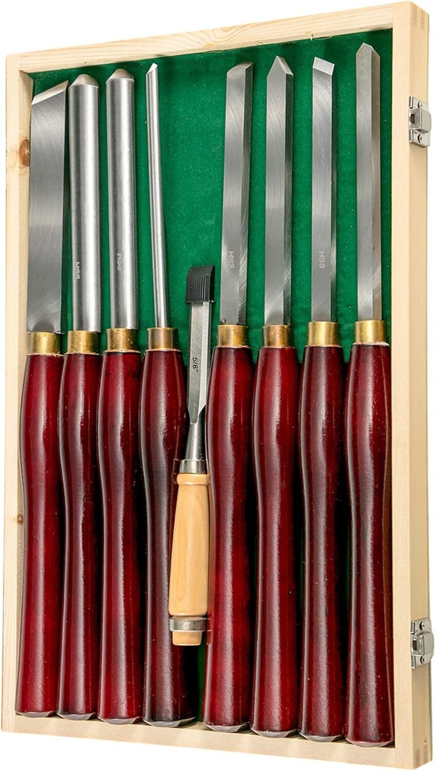 8-Piece HSS Steel Wood Lathe Chisel Set with Eucalyptus Handles in Wooden Case