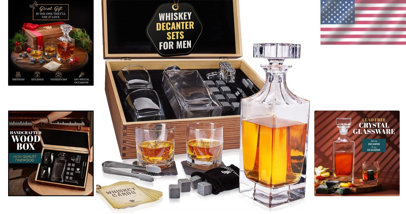 Premium Bourbon Decanter and Glasses Set in Handmade Box - Whiskey Gifts for Him