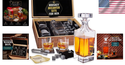 Premium Bourbon Decanter and Glasses Set in Handmade Box - Whiskey Gifts for Him