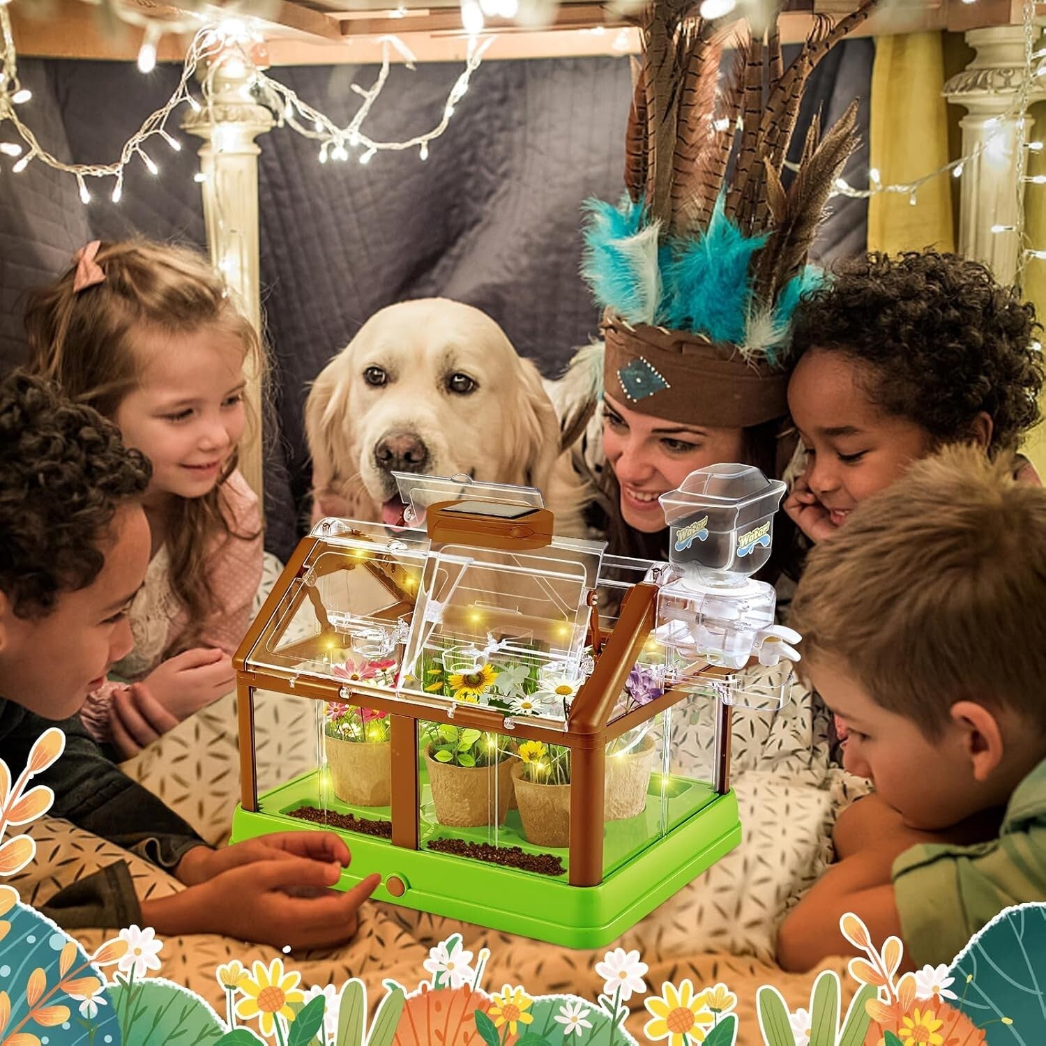 Interactive Kids Plant Growing Set - Mini Greenhouse with Irrigation & LED Light