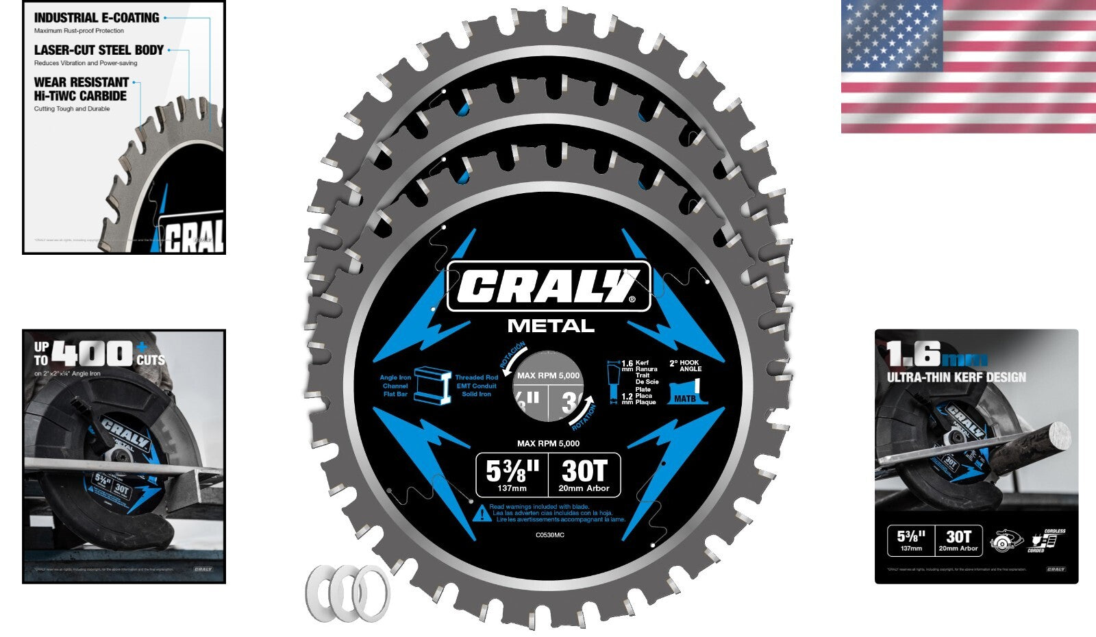 Carbide Tipped 30 Teeth Circular Saw Blade for Ferrous Metals - 5-3/8" 3-Pack