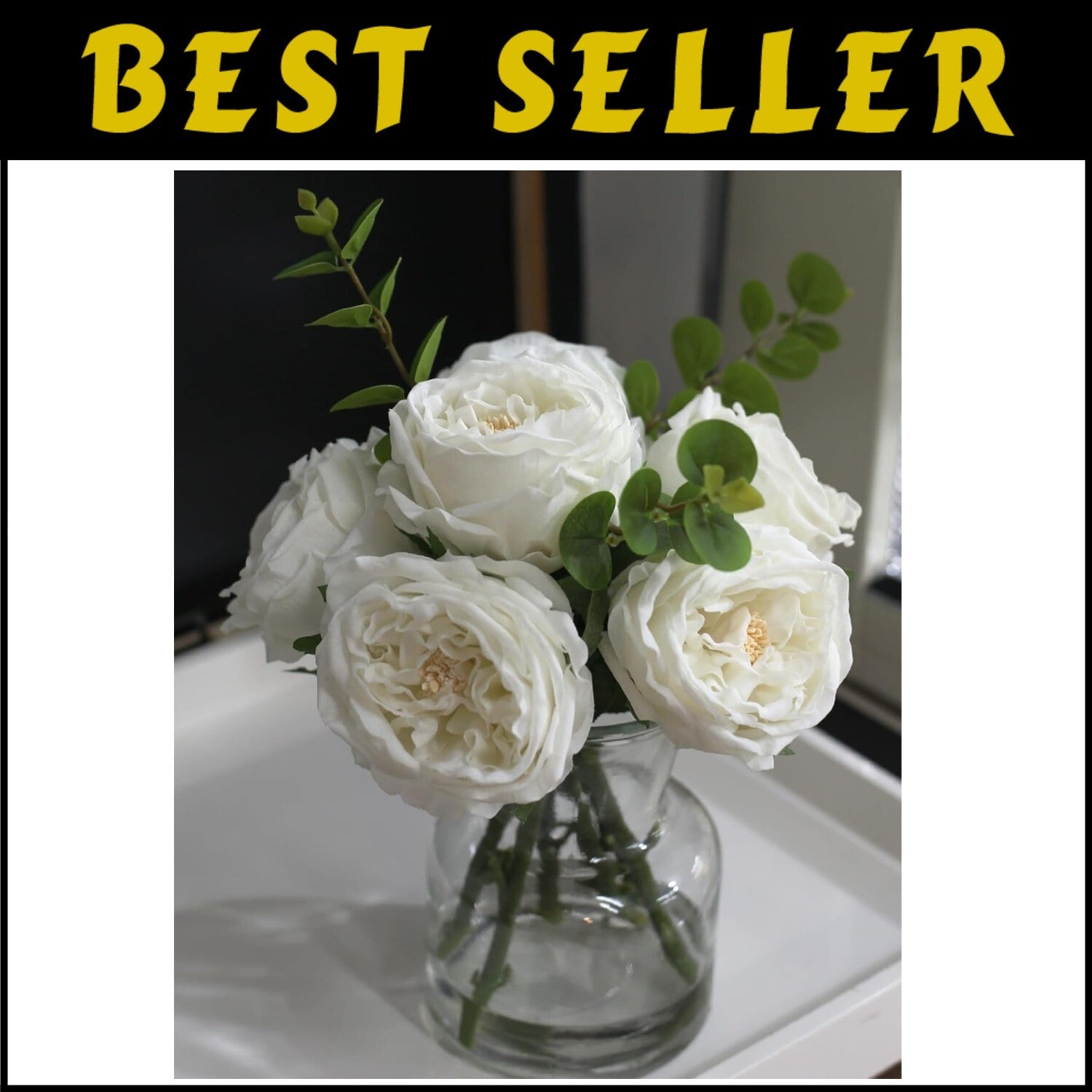 Elegant Artificial White Roses with Glass Vase - Lifelike Table Centerpiece