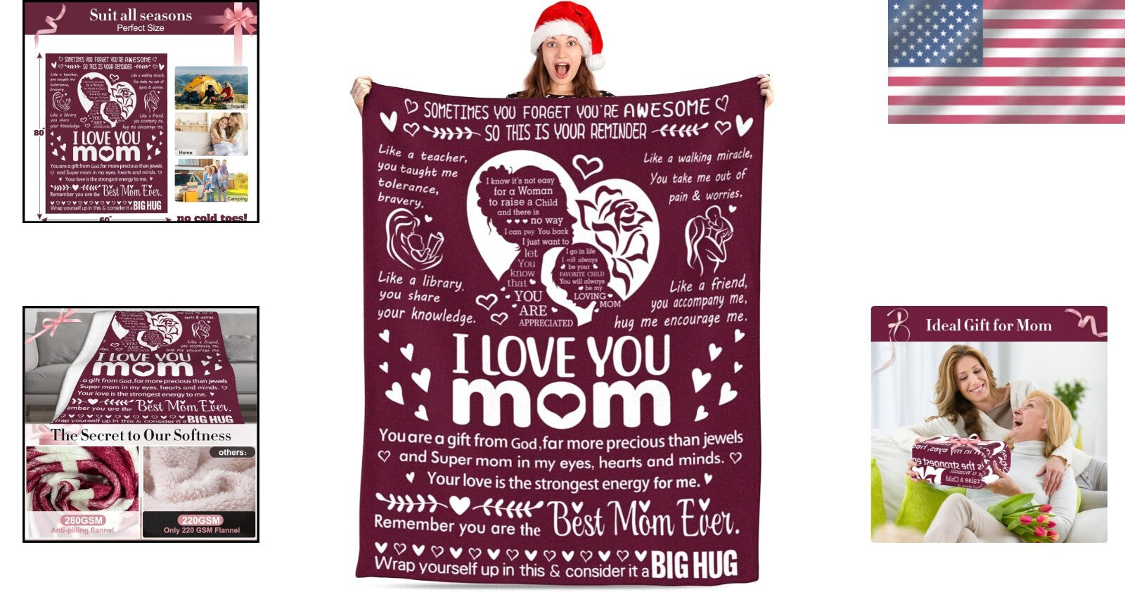 Premium I Love You Mom Blanket - Cozy, Machine Washable, Perfect for All Seasons