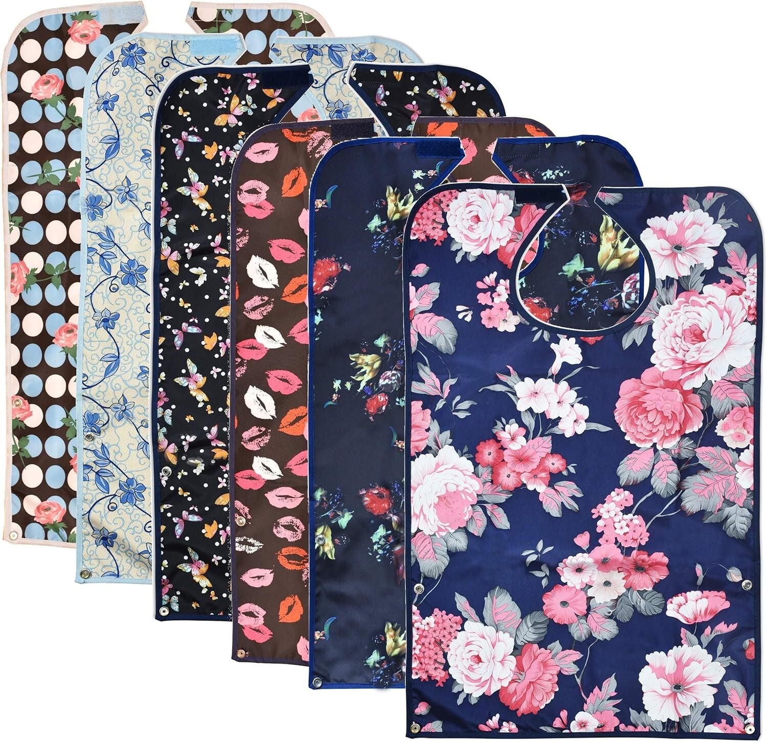 Extra Coverage Adult Bib Set - 6 Waterproof Reusable Bibs with Stylish Designs