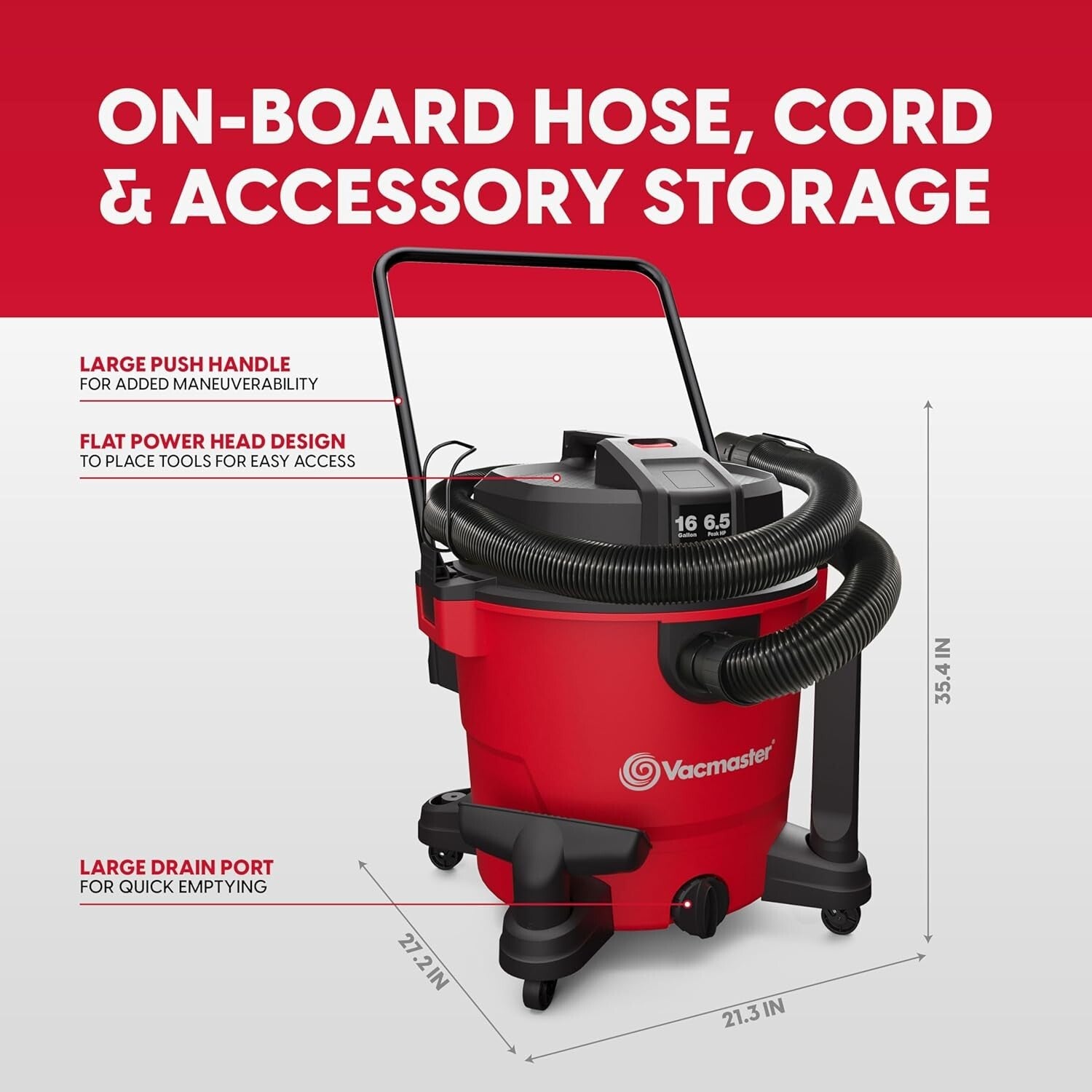Red 16-Gallon Wet/Dry Vacuum with 145 CFM Power - Perfect Indoor/Outdoor Cleaner