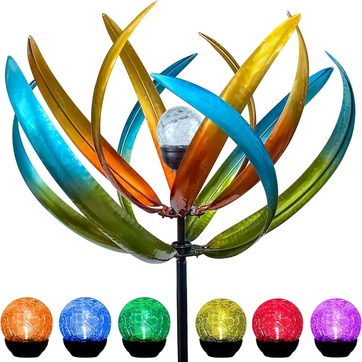 82-Inch Weather-Resistant Solar Wind Spinner - Vibrant LED Floral Design
