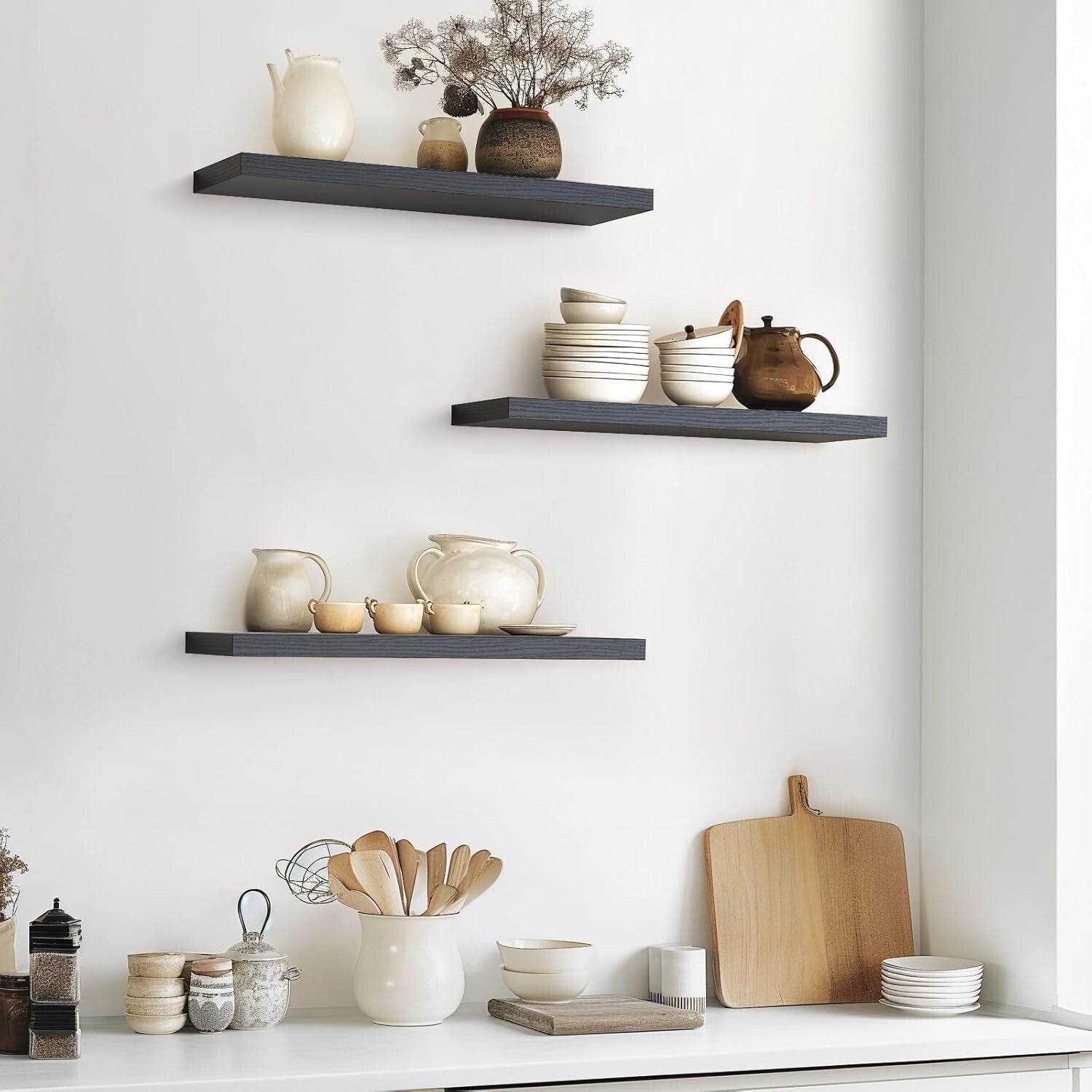 Floating Wall Shelves Set - 22.5in Rustic Wood for Bathroom, Living Room, Office