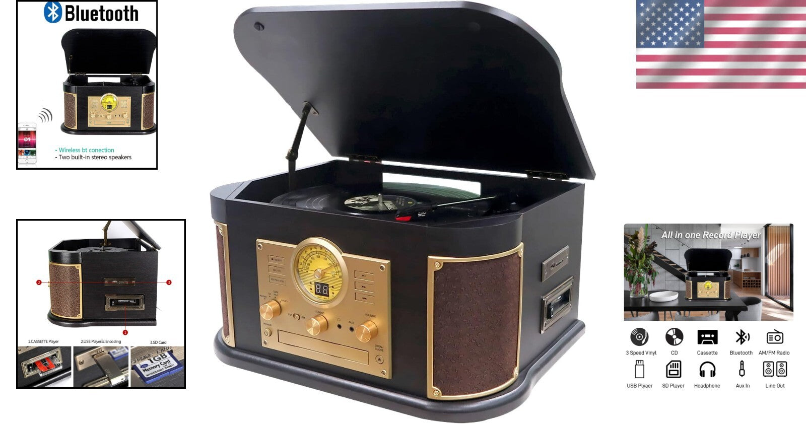 Classic Style All-in-One Turntable: Bluetooth, CD/Cassette Player & MP3 Encoding