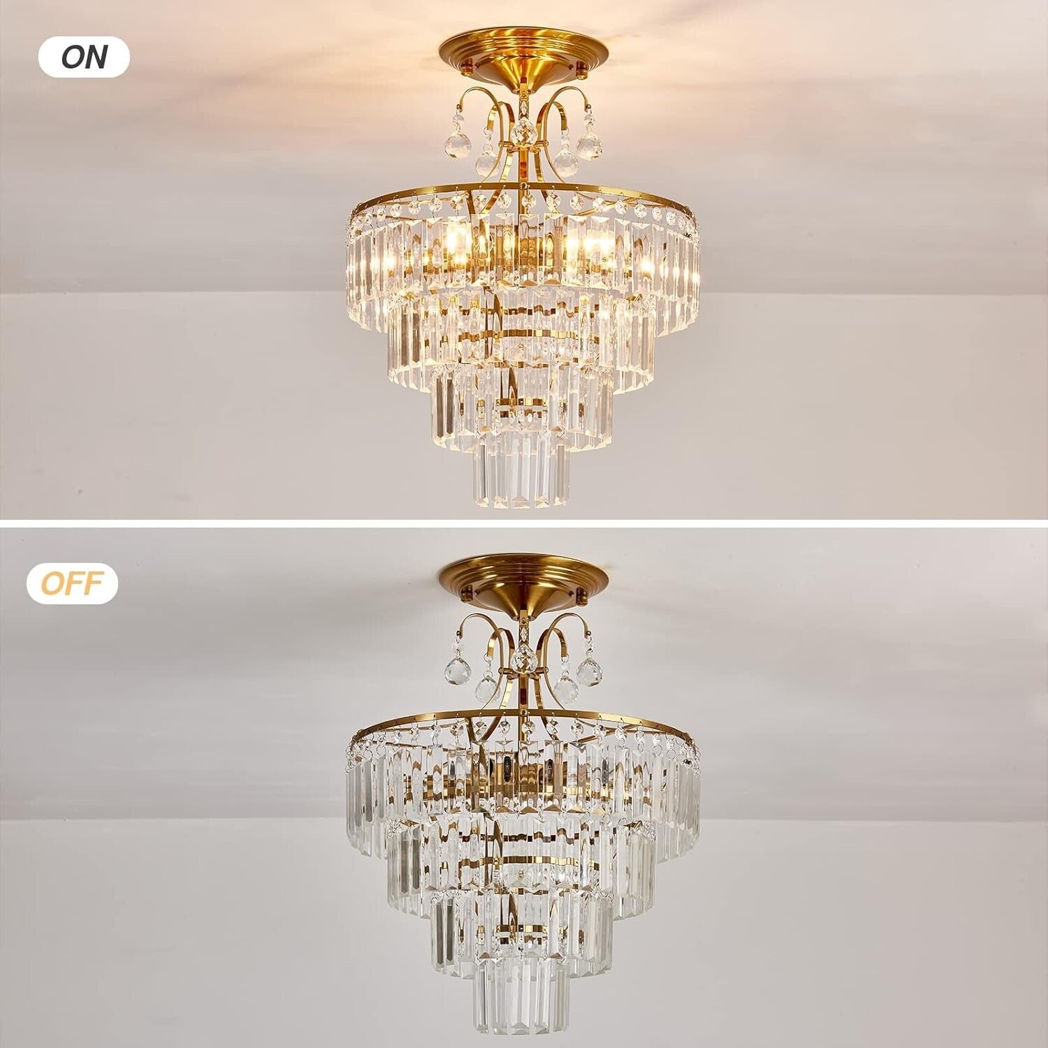 Chic Crystal Gold Semi Flush Mount Chandelier - Ideal for Living & Dining Rooms