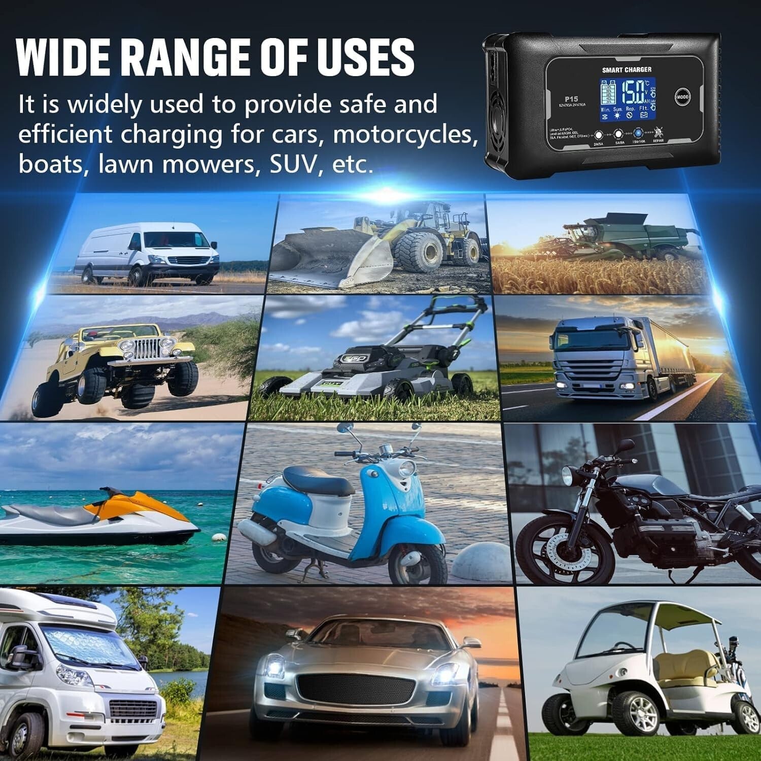 Fully-Automatic 15A Charger for 12V/24V Deep Cycle Batteries with LCD Display