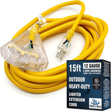 Load image into Gallery viewer, Weather-Resistant 15ft 12 Gauge Extension Cord with 3 Outlets - Lighted Design
