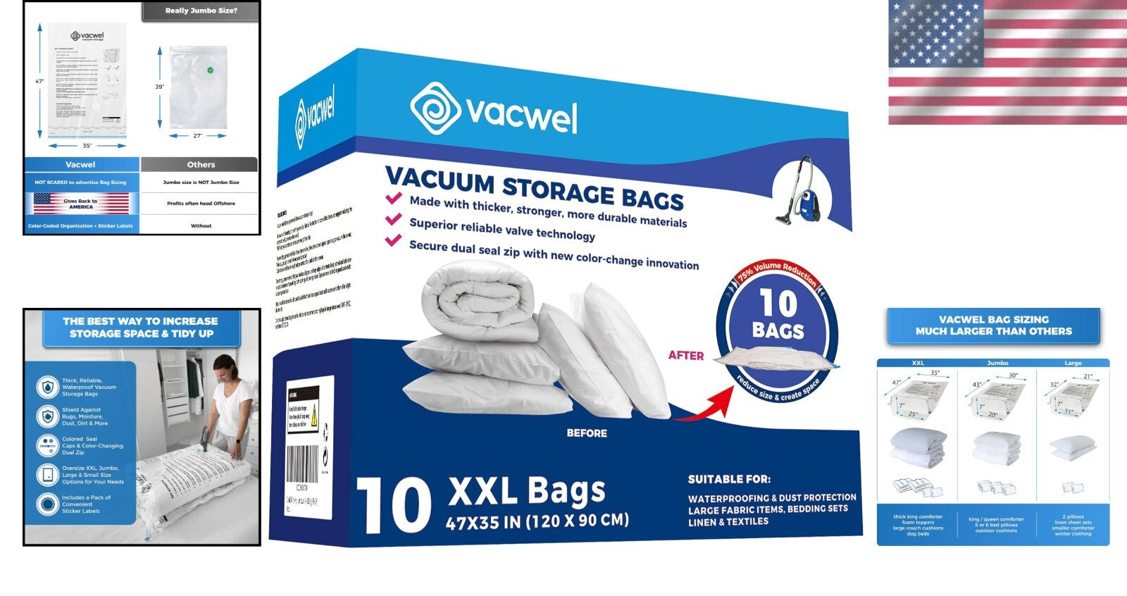 10-Pack XXL Vacuum Storage Bags 47x35in - Save Space for Comforters & Clothing