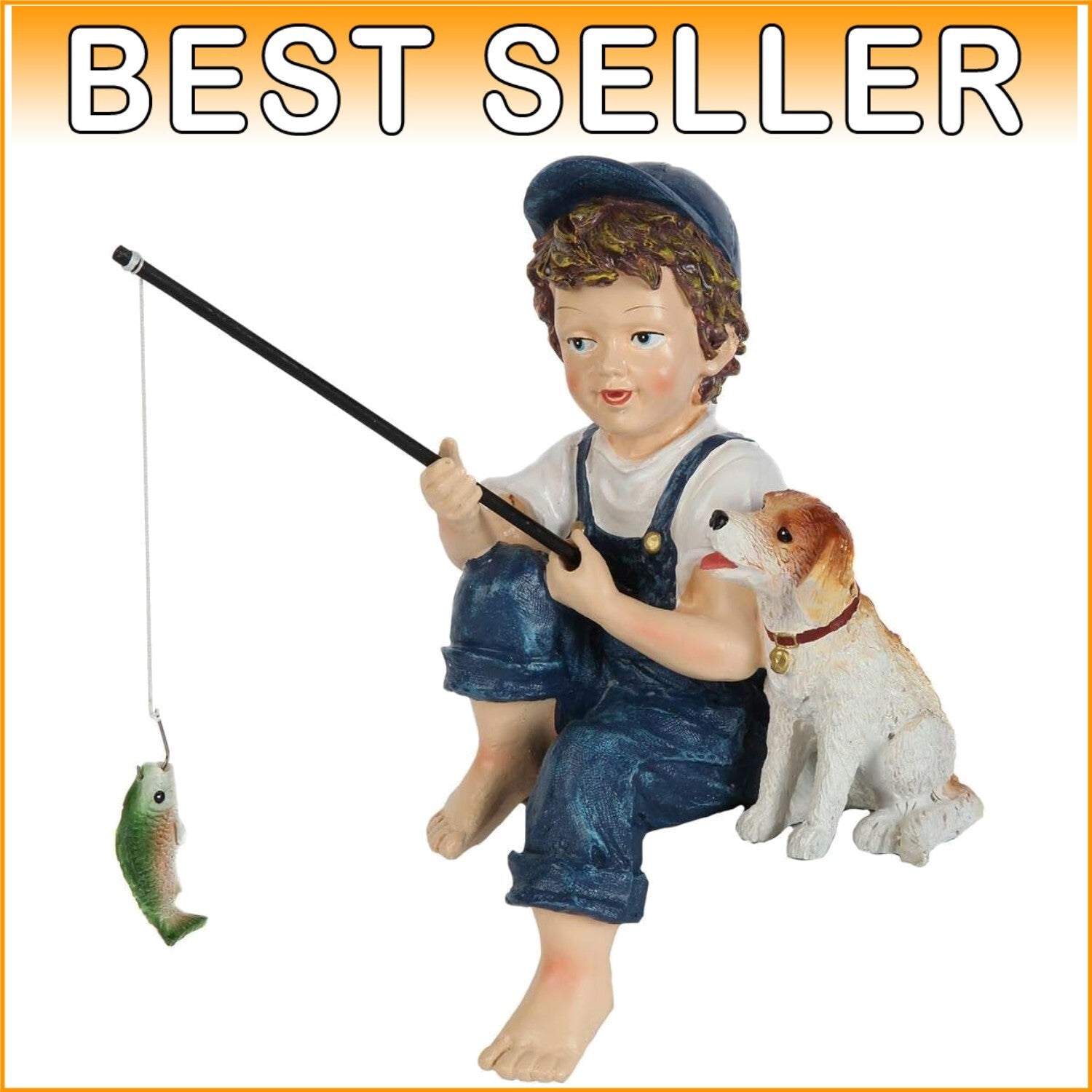 Endearing 10-Inch Fishing Boy & Dog Resin Statue for Enhanced Garden Charm