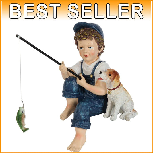 Endearing 10-Inch Fishing Boy & Dog Resin Statue for Enhanced Garden Charm