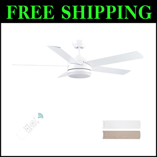 52 Inch White DC Ceiling Fan with Remote & Dimmable LED Light - Modern Elegance
