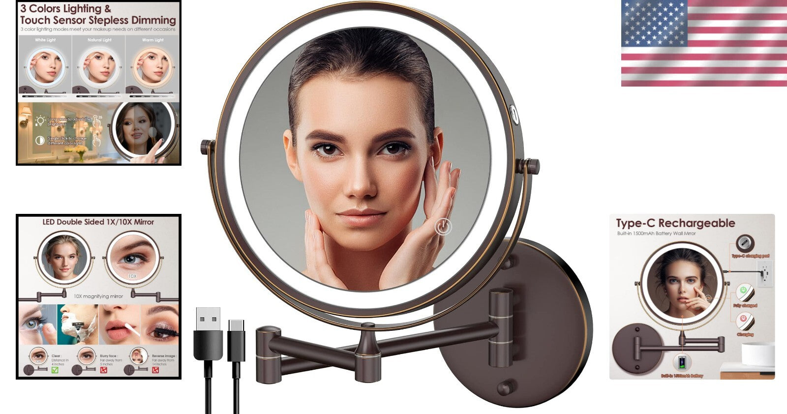 Stylish 360° Swivel LED Makeup Mirror with 1X/10X Magnification for Easy Viewing