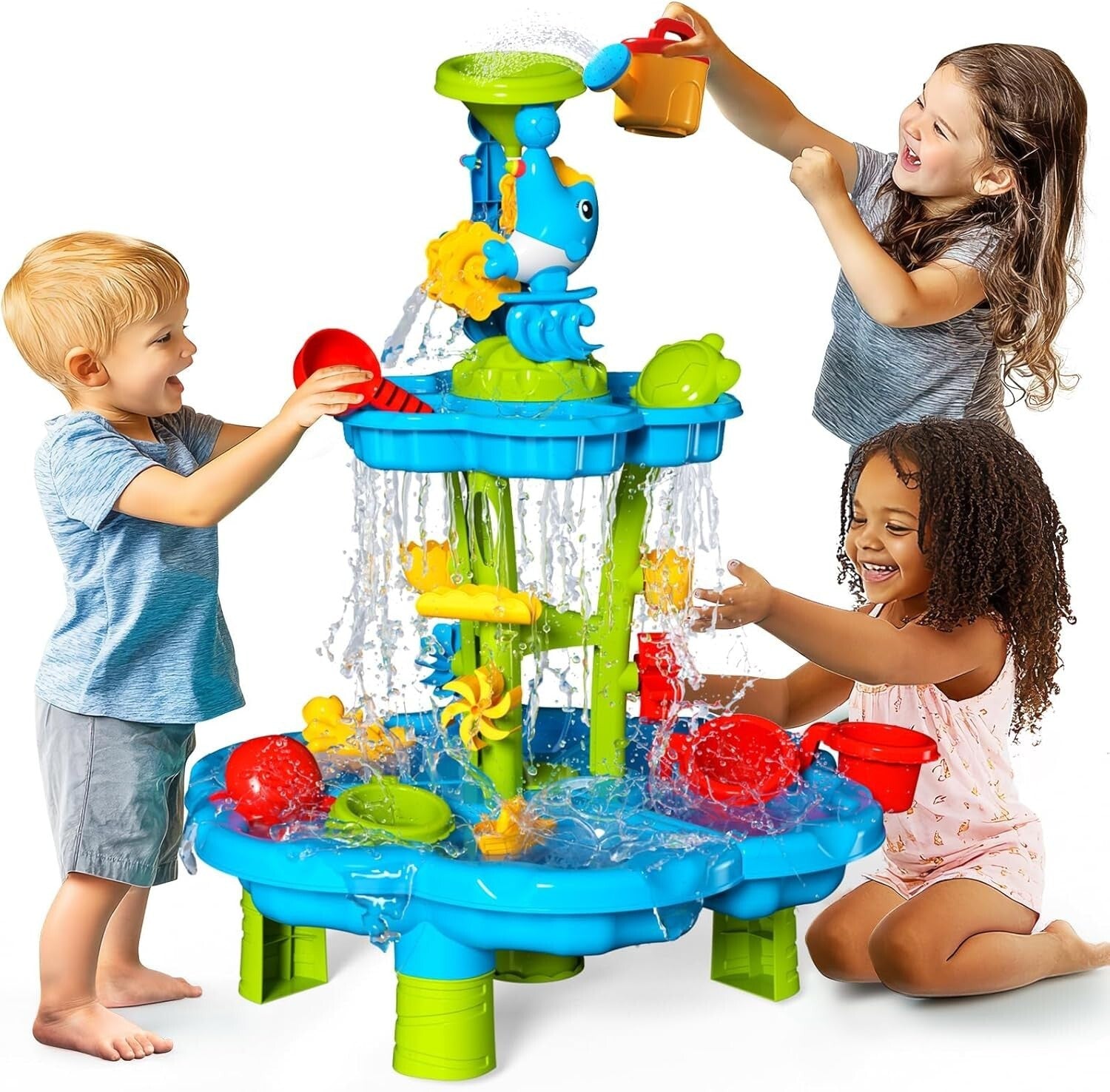 Versatile Water Table for Toddlers | 2-Tier Fountain with Building Parts & Toys