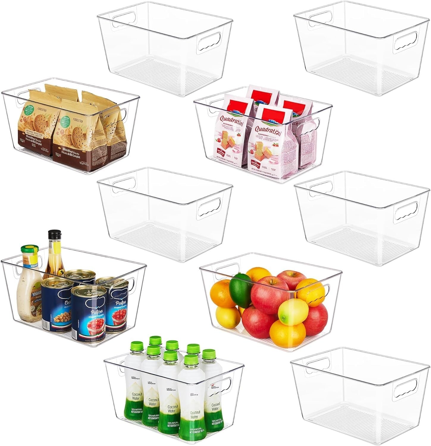 10-Pack Clear Plastic Storage Bins with Handles - Pantry & Kitchen Organizer