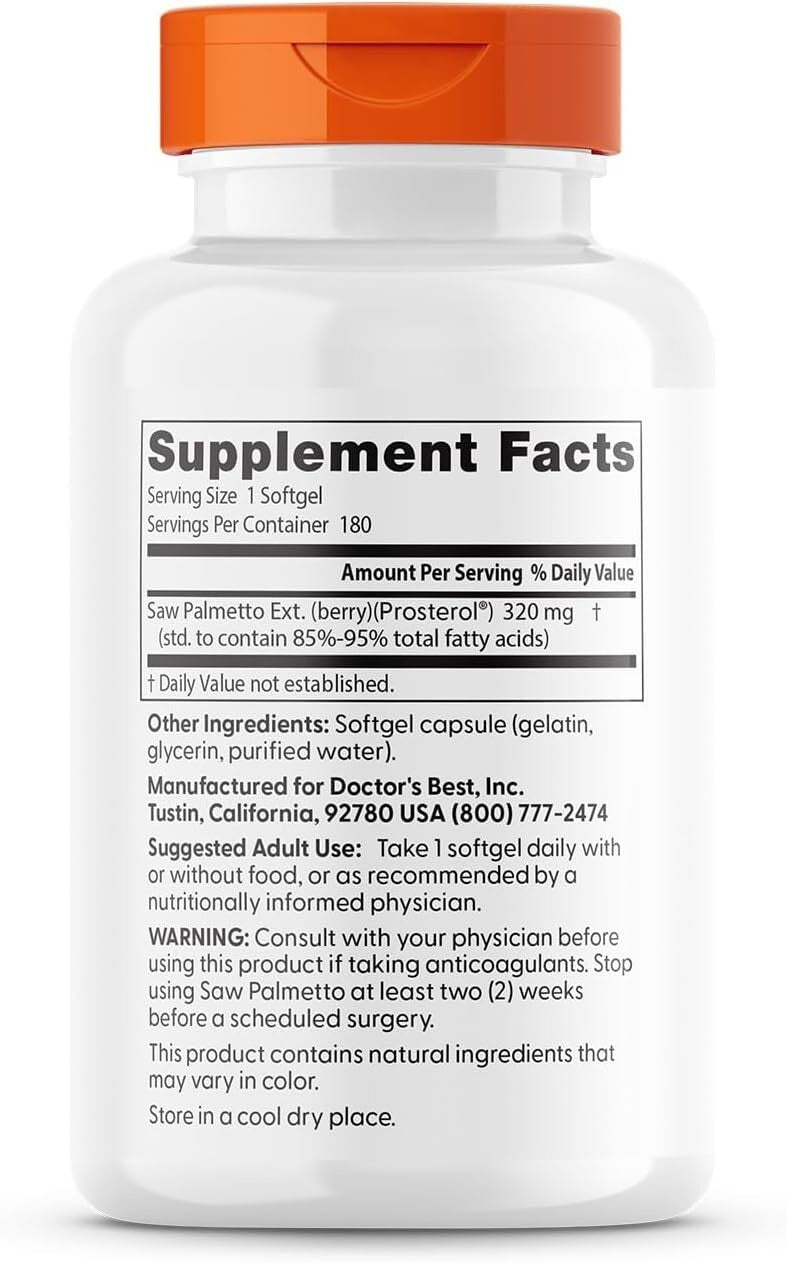 180 Count Gluten-Free Saw Palmetto 320 mg Extract - Prostate & Urinary Support