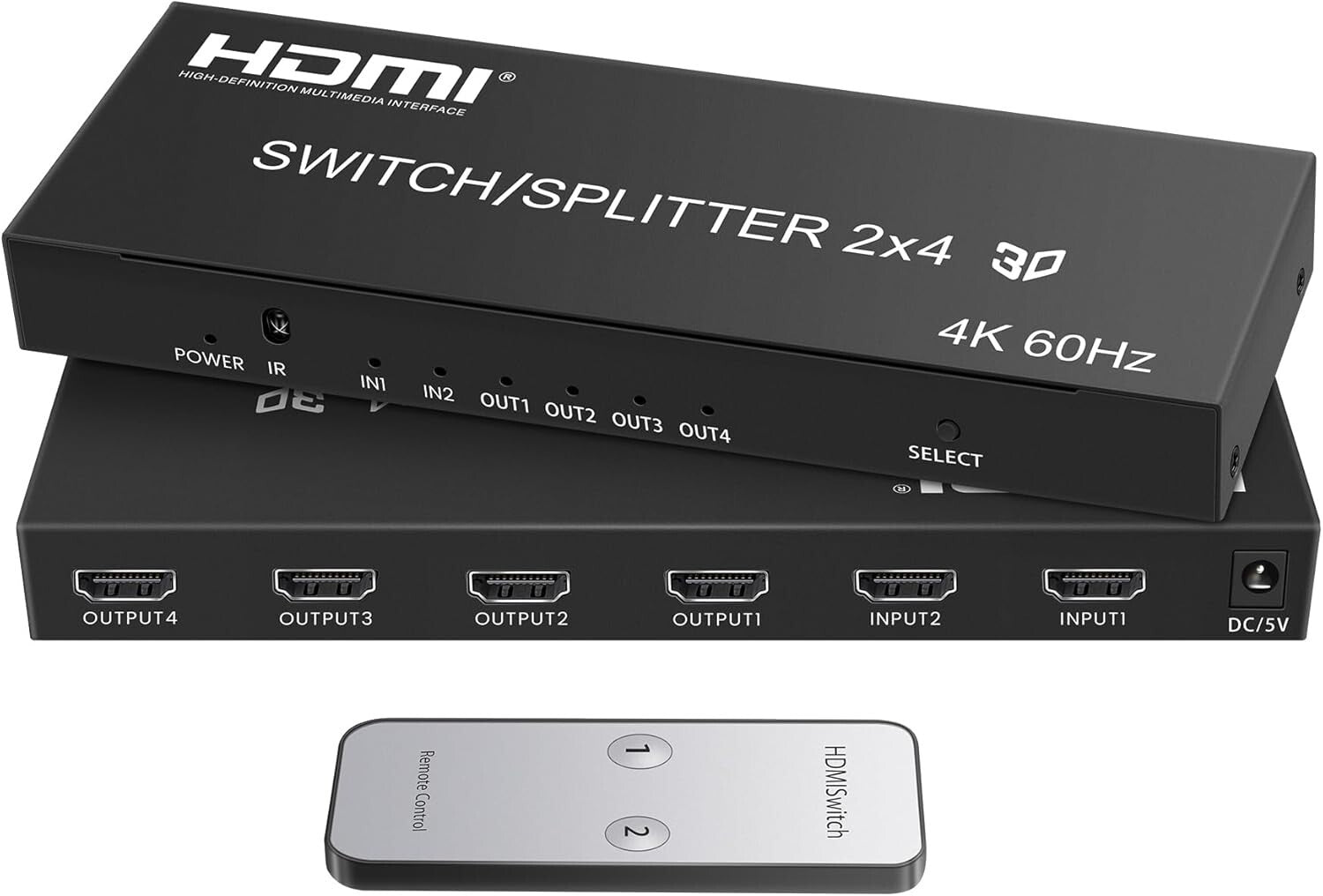 Versatile 4K HDMI Switch with Remote: 2 Inputs, 4 Outputs for Multiple Devices