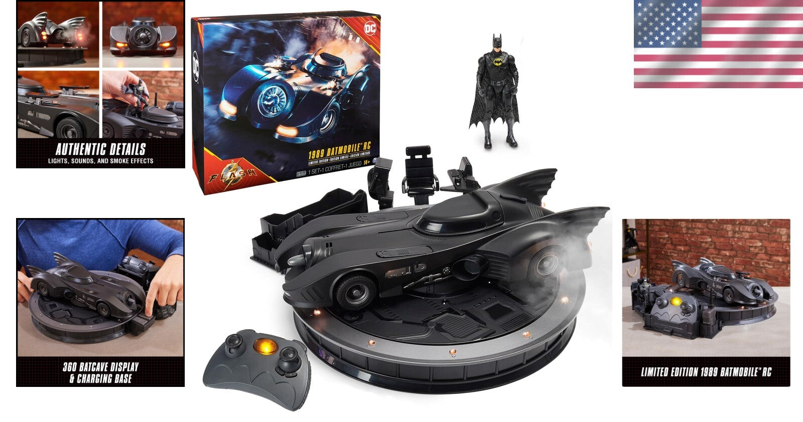 Dynamic 1989 Batmobile RC with Light-Up Features & Rotating Batcave Display Base