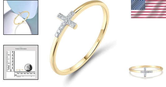 10K Solid Gold Dainty Cross Ring with White Diamond - Perfect Gift for Her