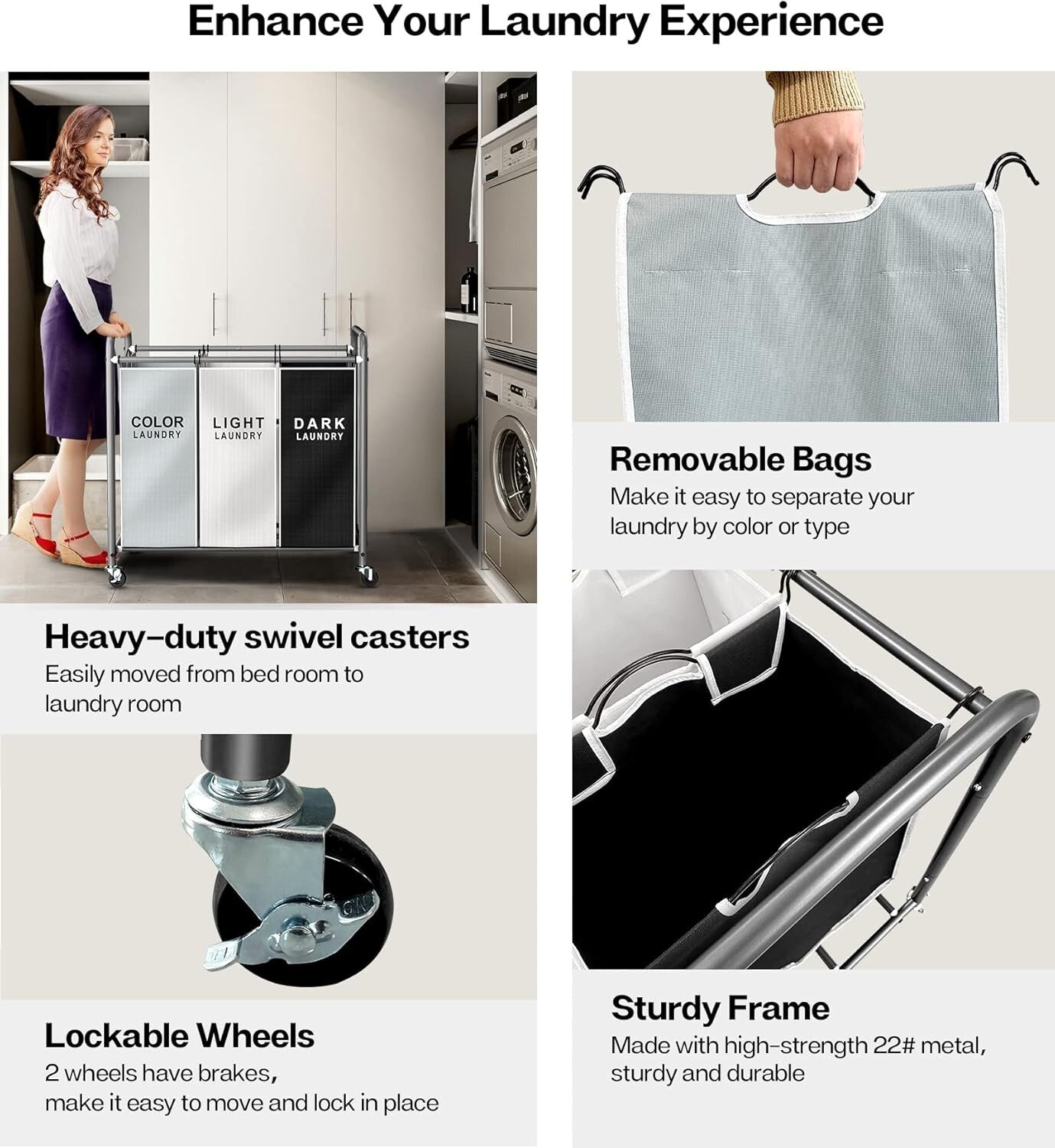 Efficient Laundry Cart with Easy-Access Bags - 3 Compartments for Sorting