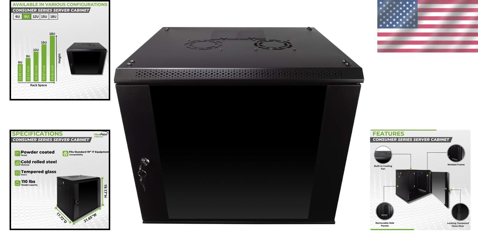 Durable 9U Server Rack Enclosure with Glass Door & Cooling Fan - Lockable Design