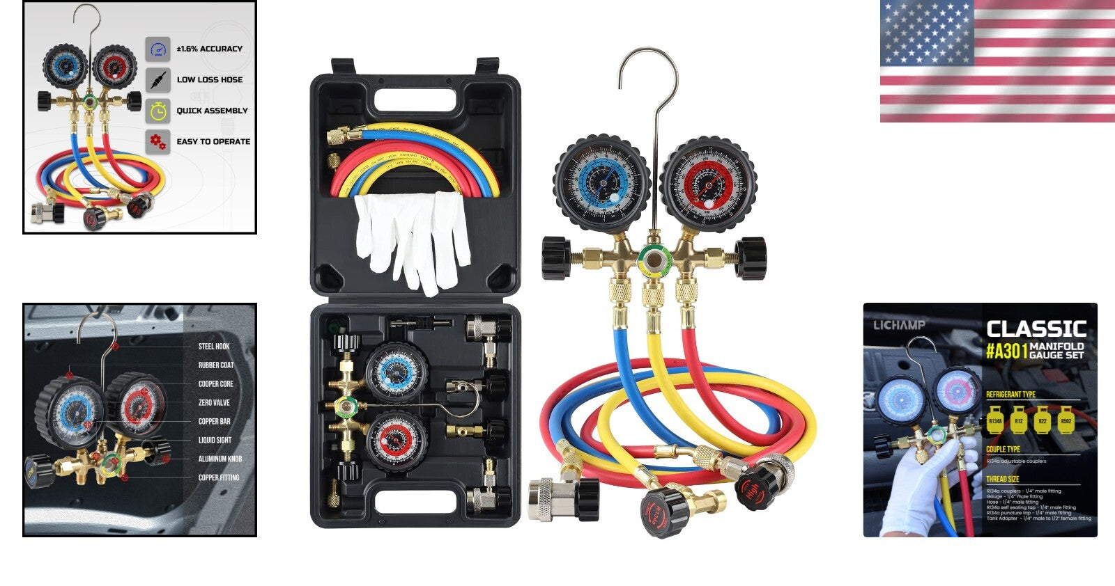 3-Way A/C Manifold Gauge Kit with 5FT Hoses - Easy Read Dials & Durable Design