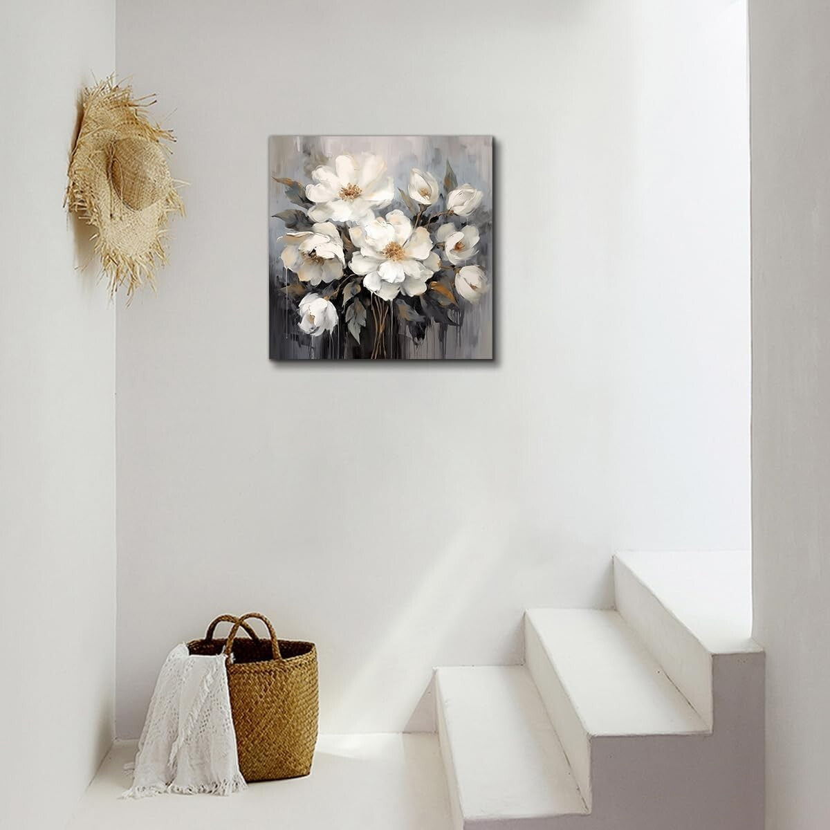 Elegant 24x24in White and Gray Flower Canvas Wall Art for Home Decor