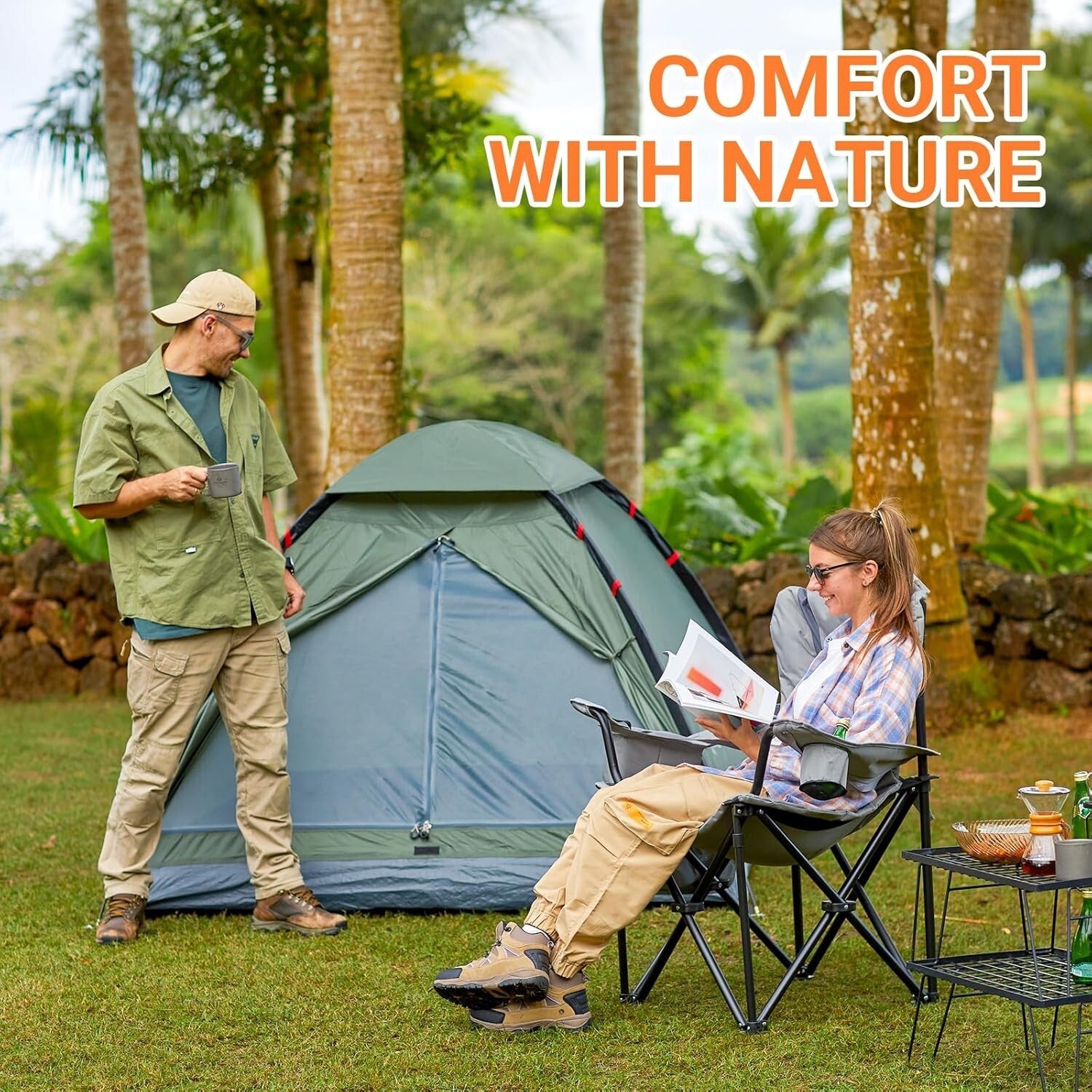 Portable Oversized Chair with Lumbar Support & Cooler Bag for Camping Comfort