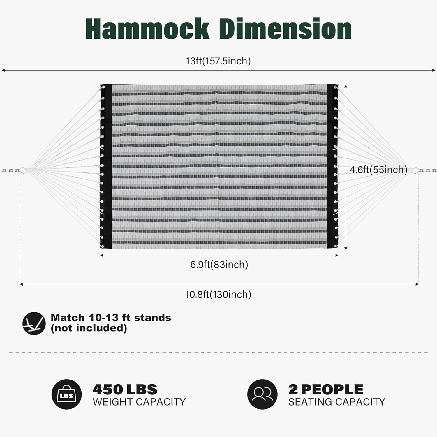 Luxurious Grey Plaid 13 FT Double Hammock - Quick Dry & Heavy Duty Support