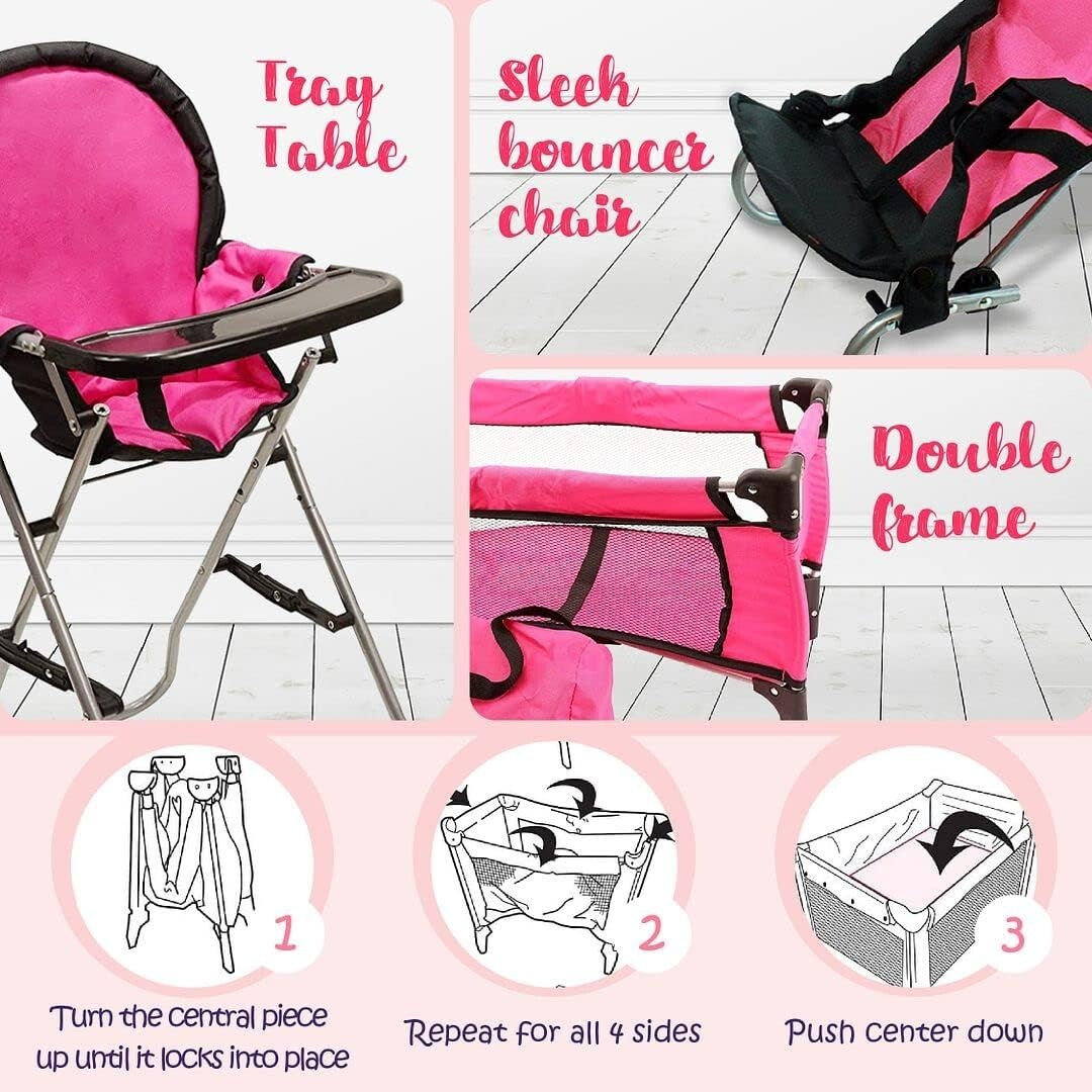 3-in-1 Pink Baby Doll Accessories Set - Crib, Bouncer & High Chair for 18" Dolls