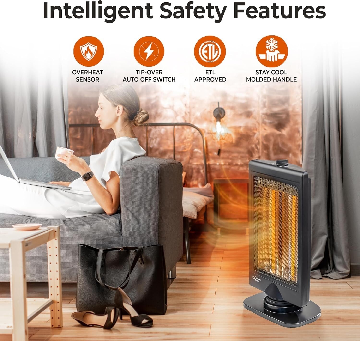 Sleek 800W Halogen Space Heater with Adjustable Tilt and Overheat Protection