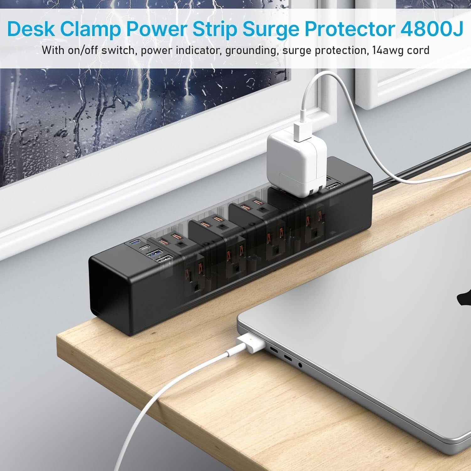Flexible Desk Outlet Station: 12 USB and AC Ports with Clamp Mount - Black 6FT