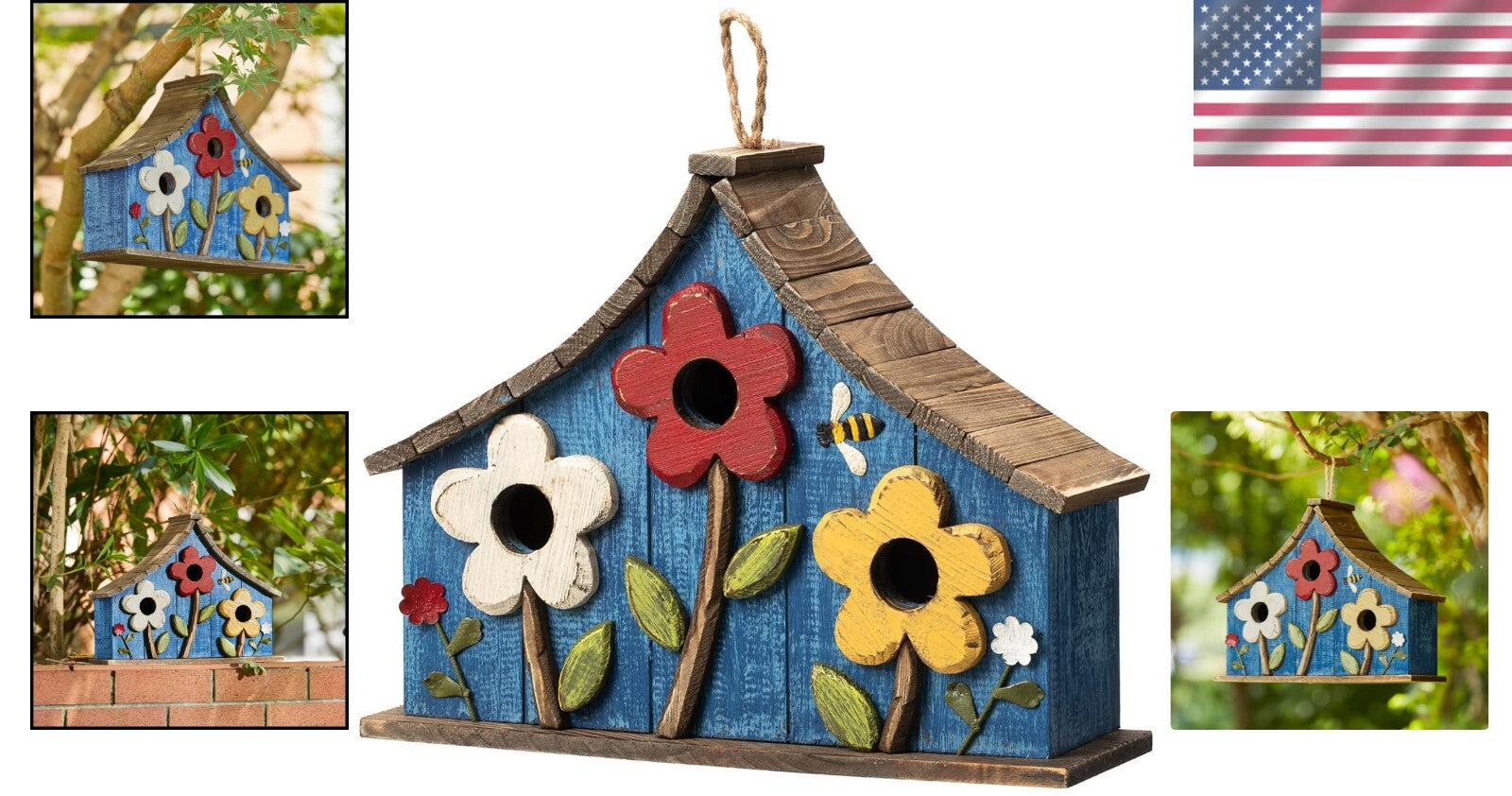 15" Oversized Hand-Painted Distressed Birdhouse with 3D Flowers - Rustic Villa