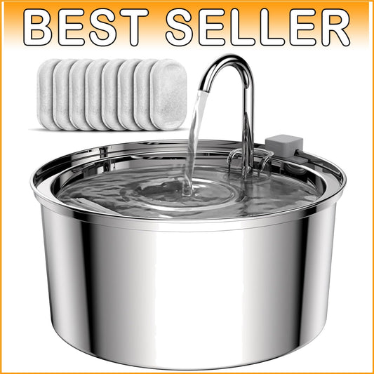 Large 3.2L Stainless Steel Pet Water Fountain - Includes 8 Replacement Filters