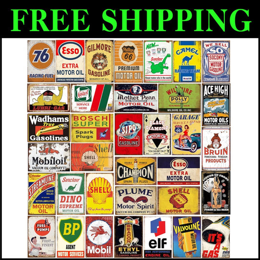 Retro Garage Wall Art Set – 35 Pieces of Antique Metal Signs for Unique Decor