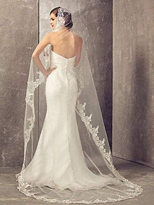 Premium Cathedral Length Tulle Veil with Lace Detailing - 106 Inches of Elegance