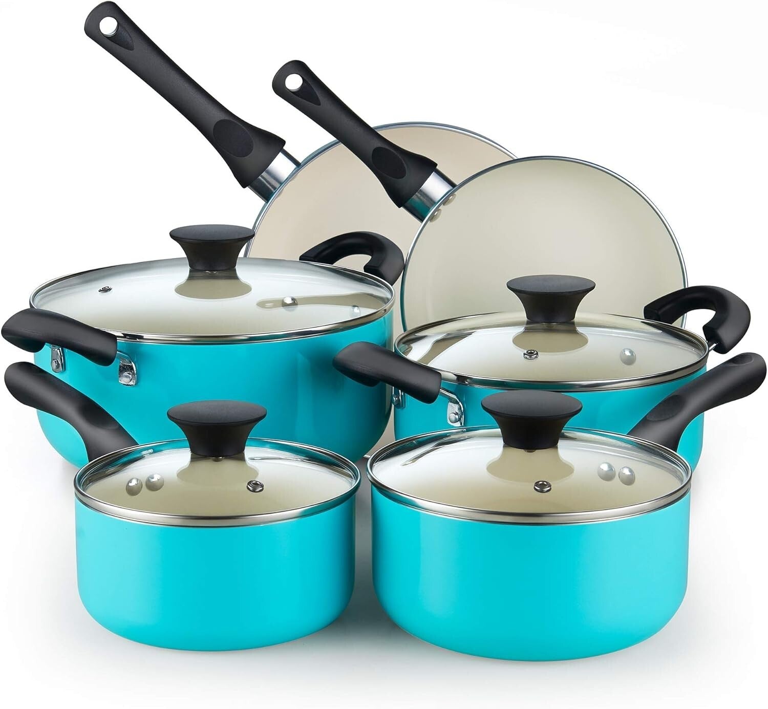 Premium 10-Piece Nonstick Cookware Set with Glass Lids in Elegant Turquoise